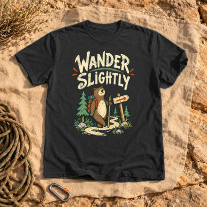 Wander Slightly Hiking Bear Graphic Tee on Black Premium Tee