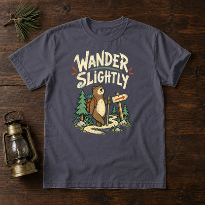 Wander Slightly Hiking Bear Graphic Tee on Navy Premium Tee
