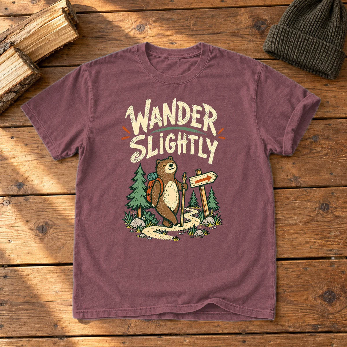 Wander Slightly Hiking Bear Graphic Tee on Brick Premium Tee