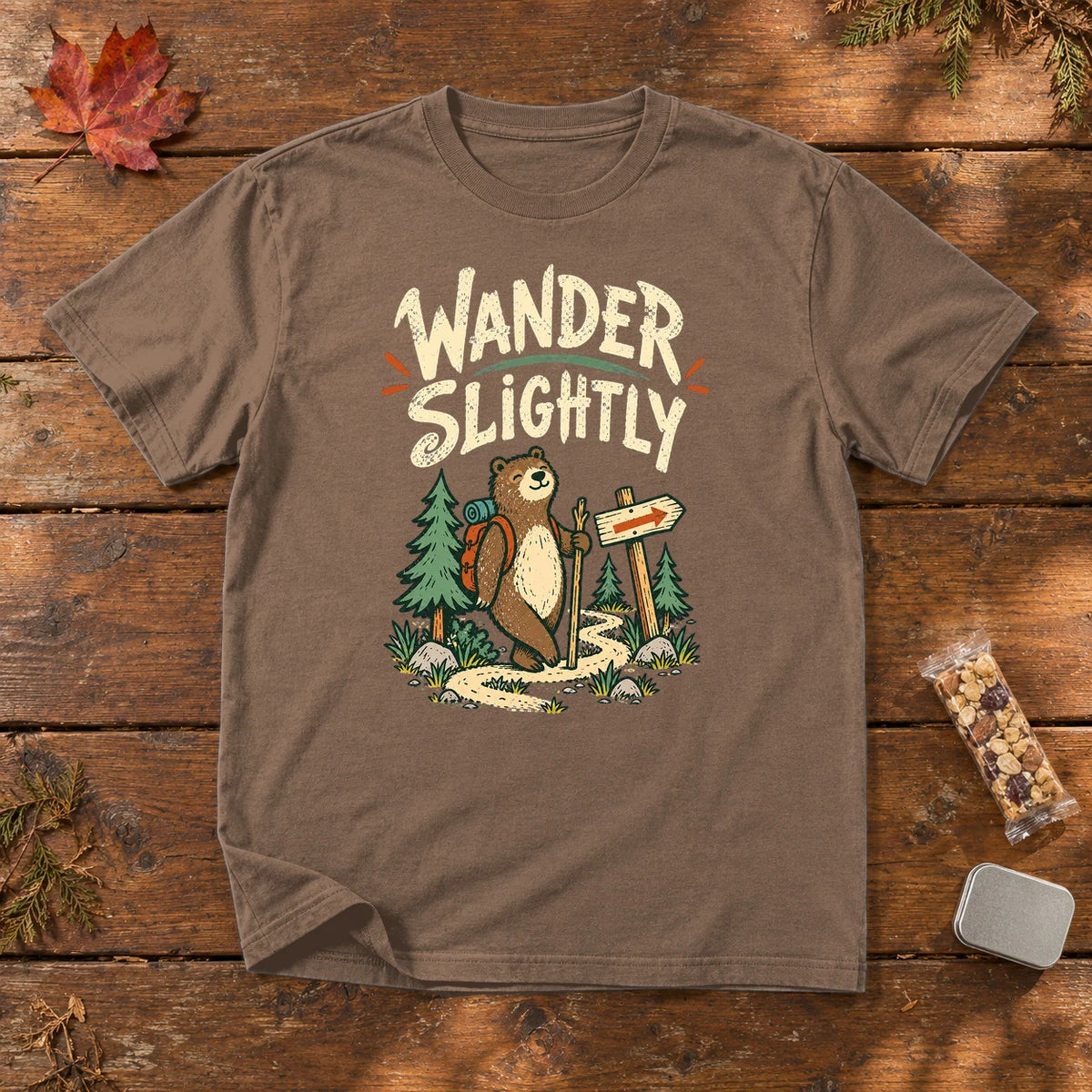 Wander Slightly Hiking Bear Graphic Tee on Espresso Premium Tee