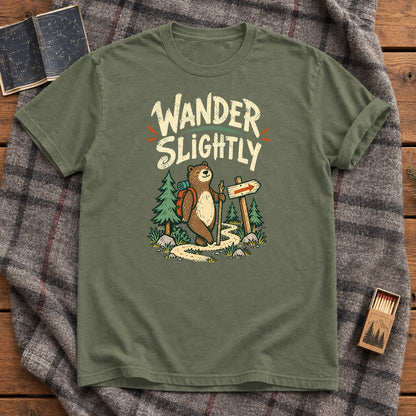 Wander Slightly Hiking Bear Graphic Tee on Moss Premium Tee