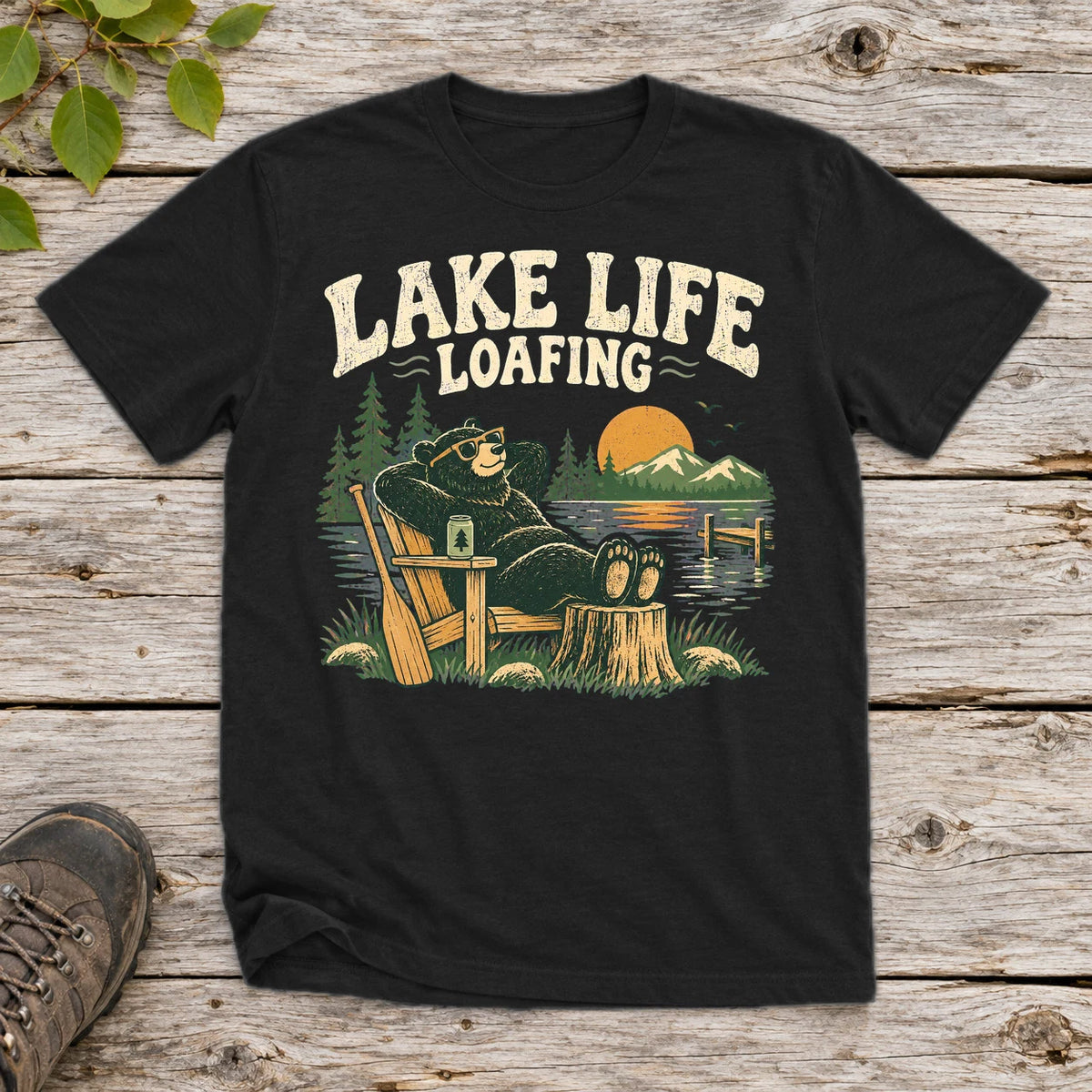 Lake Life Loafing Bear Graphic Tee on Black Everyday Soft Tee