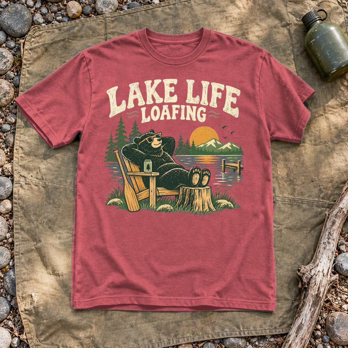 Lake Life Loafing Bear Graphic Tee on Heather Red Everyday Soft Tee