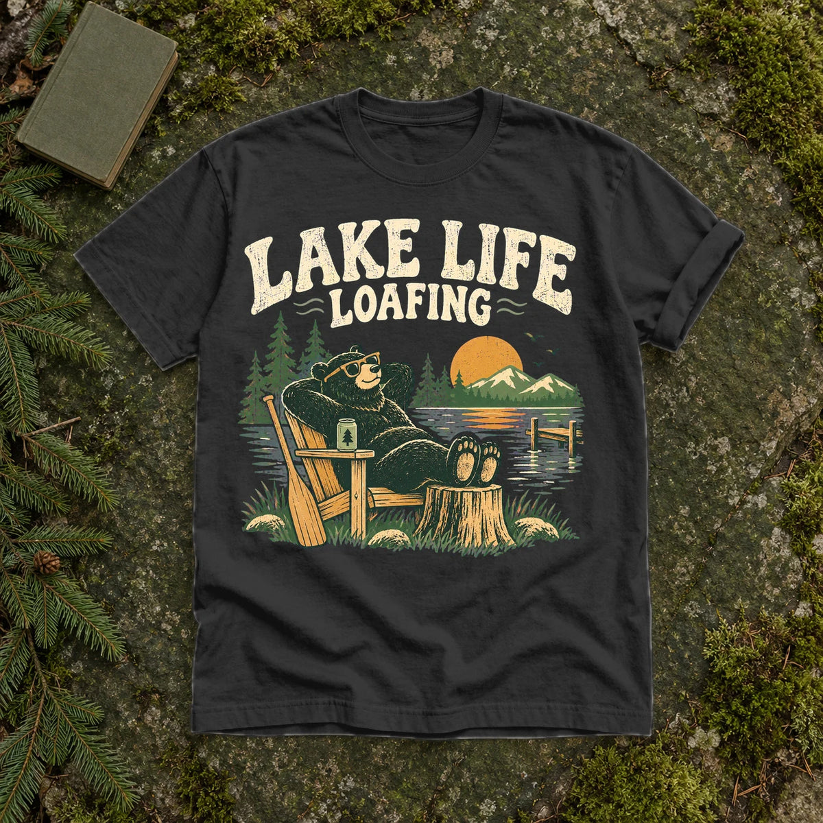 Lake Life Loafing Bear Graphic Tee on Black Premium Tee