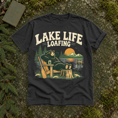 Lake Life Loafing Bear Graphic Tee on Black Premium Tee