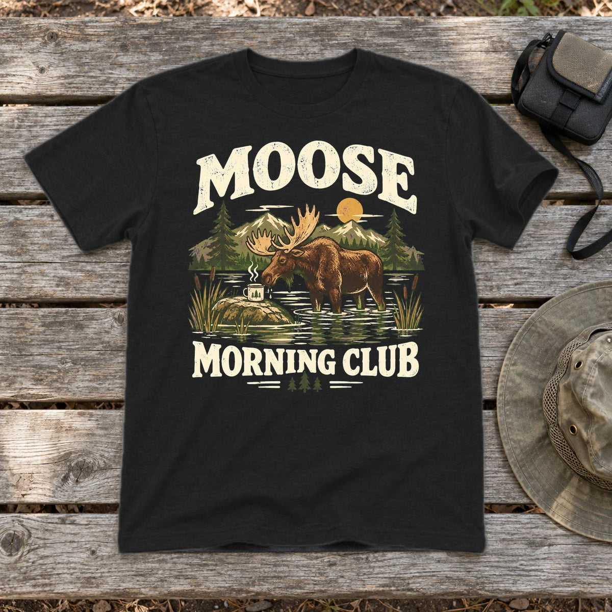Moose Morning Club Graphic Tee on Black Everyday Soft Tee