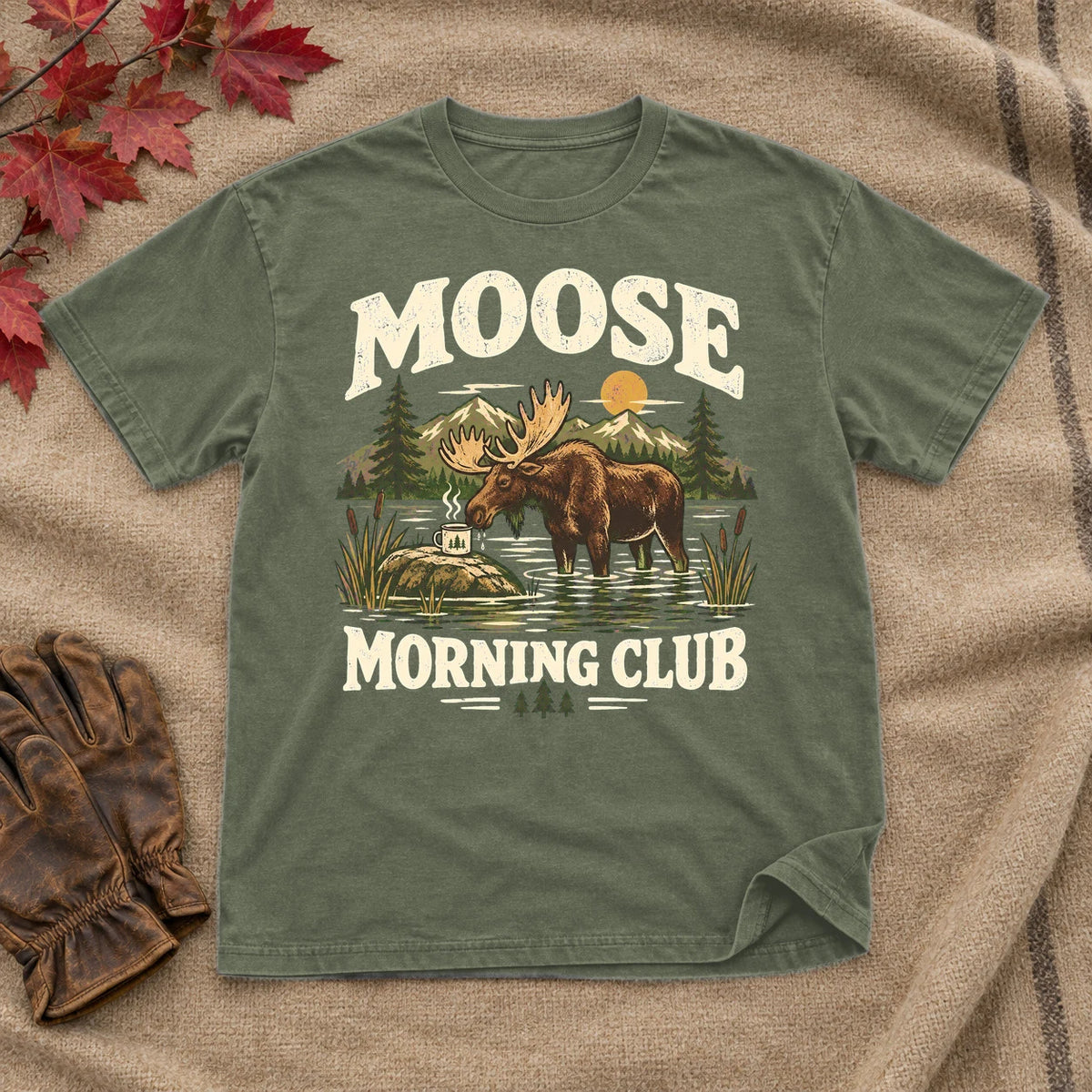 Moose Morning Club Graphic Tee on Military Green Everyday Soft Tee