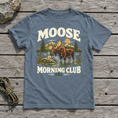 Moose Morning Club Graphic Tee on Heather Indigo Everyday Soft Tee