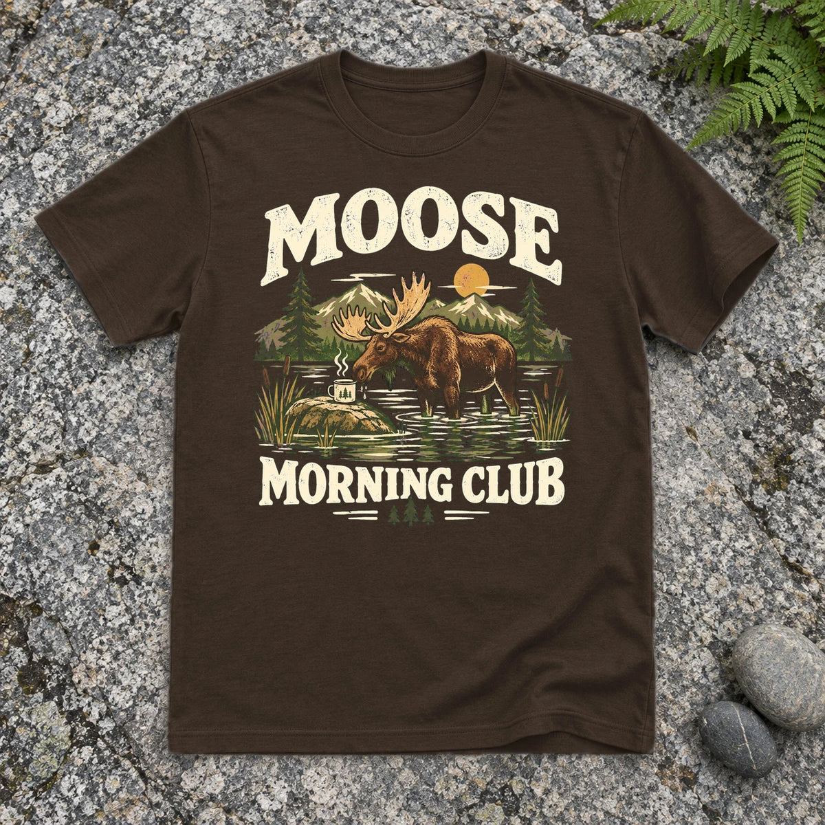 Moose Morning Club Graphic Tee on Dark Chocolate Everyday Soft Tee