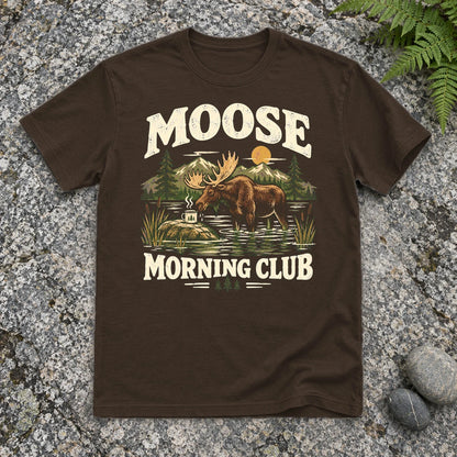 Moose Morning Club Graphic Tee on Dark Chocolate Everyday Soft Tee