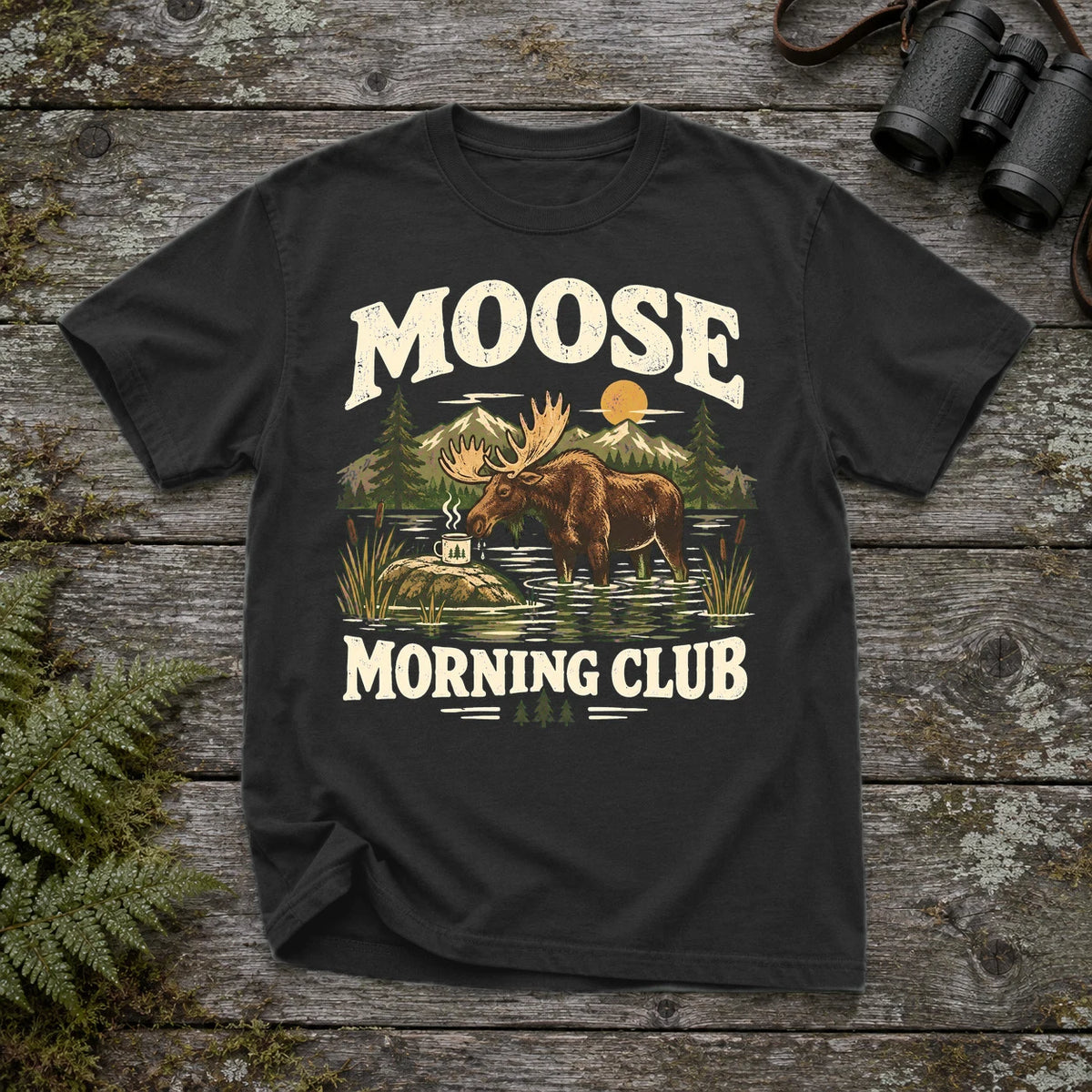 Moose Morning Club Graphic Tee on Black Premium Tee