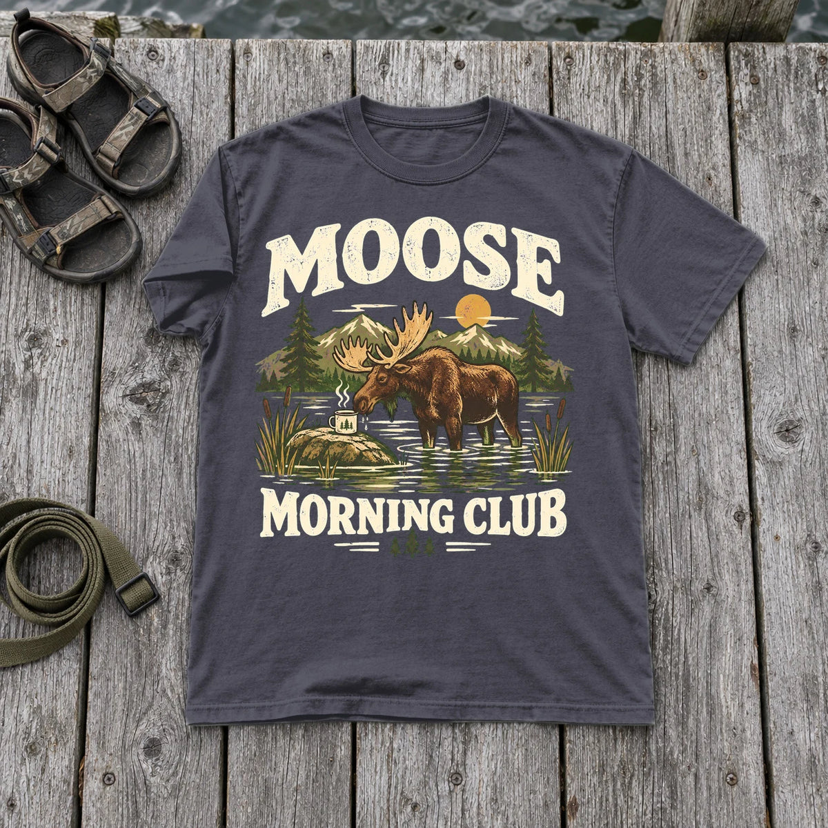 Moose Morning Club Graphic Tee on Navy Premium Tee