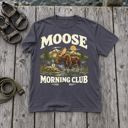 Moose Morning Club Graphic Tee on Navy Premium Tee