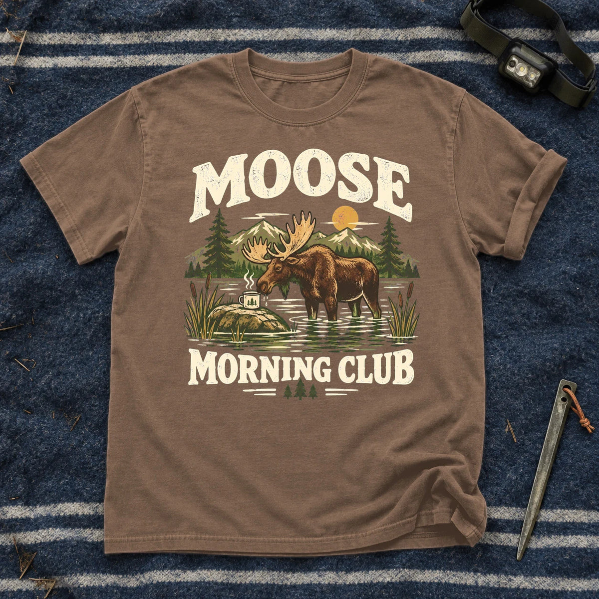Moose Morning Club Graphic Tee on Espresso Premium Tee