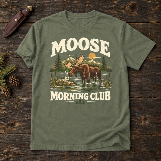 Moose Morning Club Graphic Tee on Moss Premium Tee