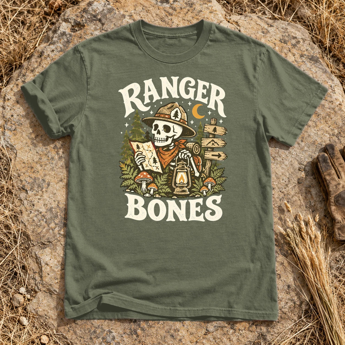 Ranger Bones Vintage Trail Graphic Tee on Moss Premium Tee