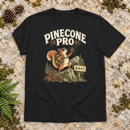 Pinecone Pro Vintage Hiker Squirrel Graphic Tee on Black Everyday Soft Tee