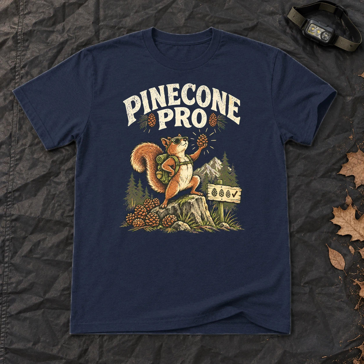 Pinecone Pro Vintage Hiker Squirrel Graphic Tee on Navy Everyday Soft Tee
