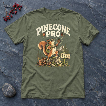 Pinecone Pro Vintage Hiker Squirrel Graphic Tee on Military Green Everyday Soft Tee