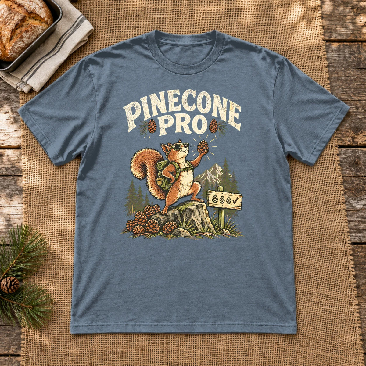 Pinecone Pro Vintage Hiker Squirrel Graphic Tee on Heather Indigo Everyday Soft Tee