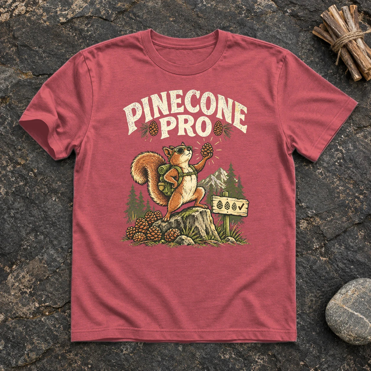 Pinecone Pro Vintage Hiker Squirrel Graphic Tee on Heather Red Everyday Soft Tee