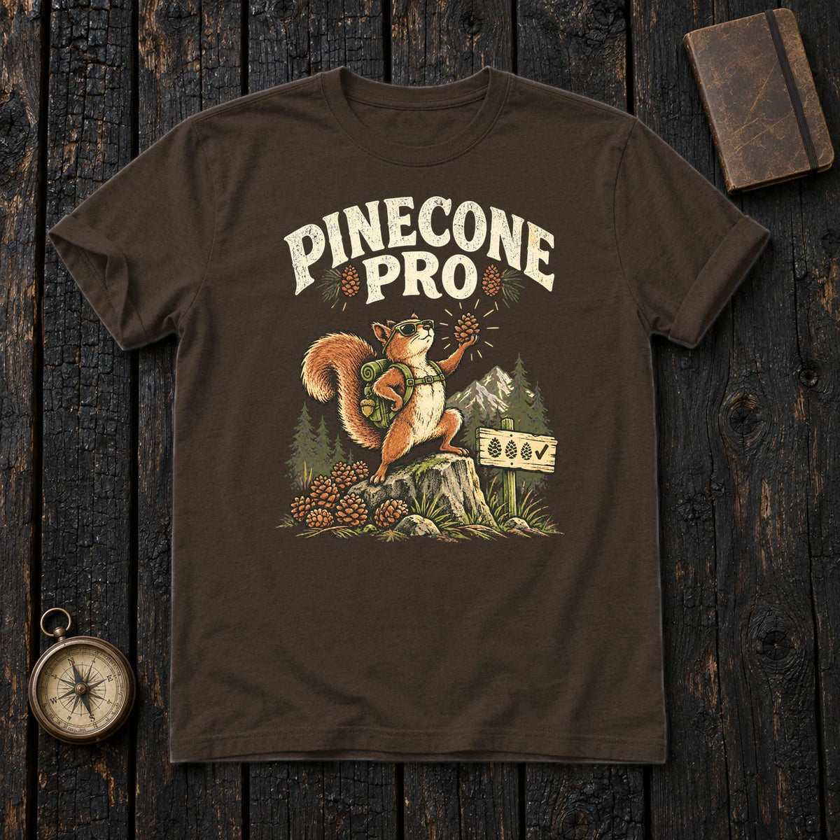 Pinecone Pro Vintage Hiker Squirrel Graphic Tee on Dark Chocolate Everyday Soft Tee