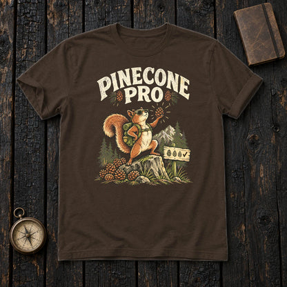 Pinecone Pro Vintage Hiker Squirrel Graphic Tee on Dark Chocolate Everyday Soft Tee