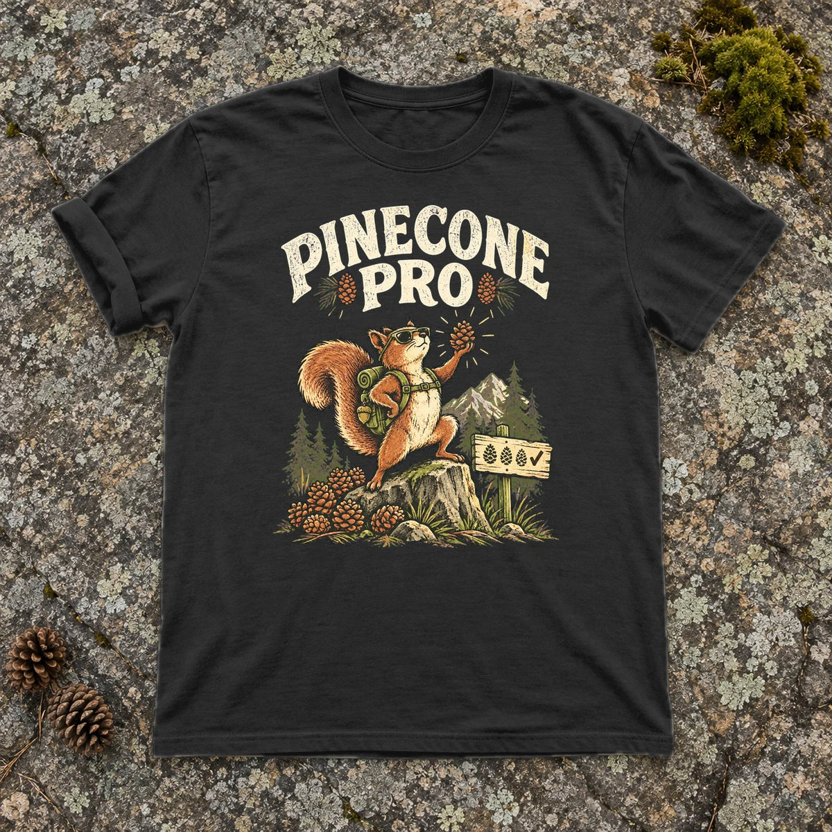 Pinecone Pro Vintage Hiker Squirrel Graphic Tee on Black Premium Tee