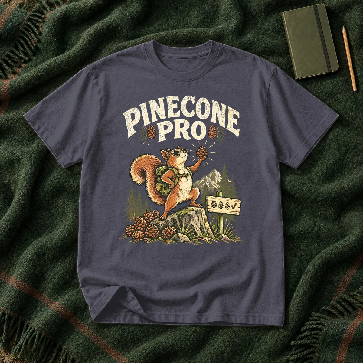 Pinecone Pro Vintage Hiker Squirrel Graphic Tee on Navy Premium Tee
