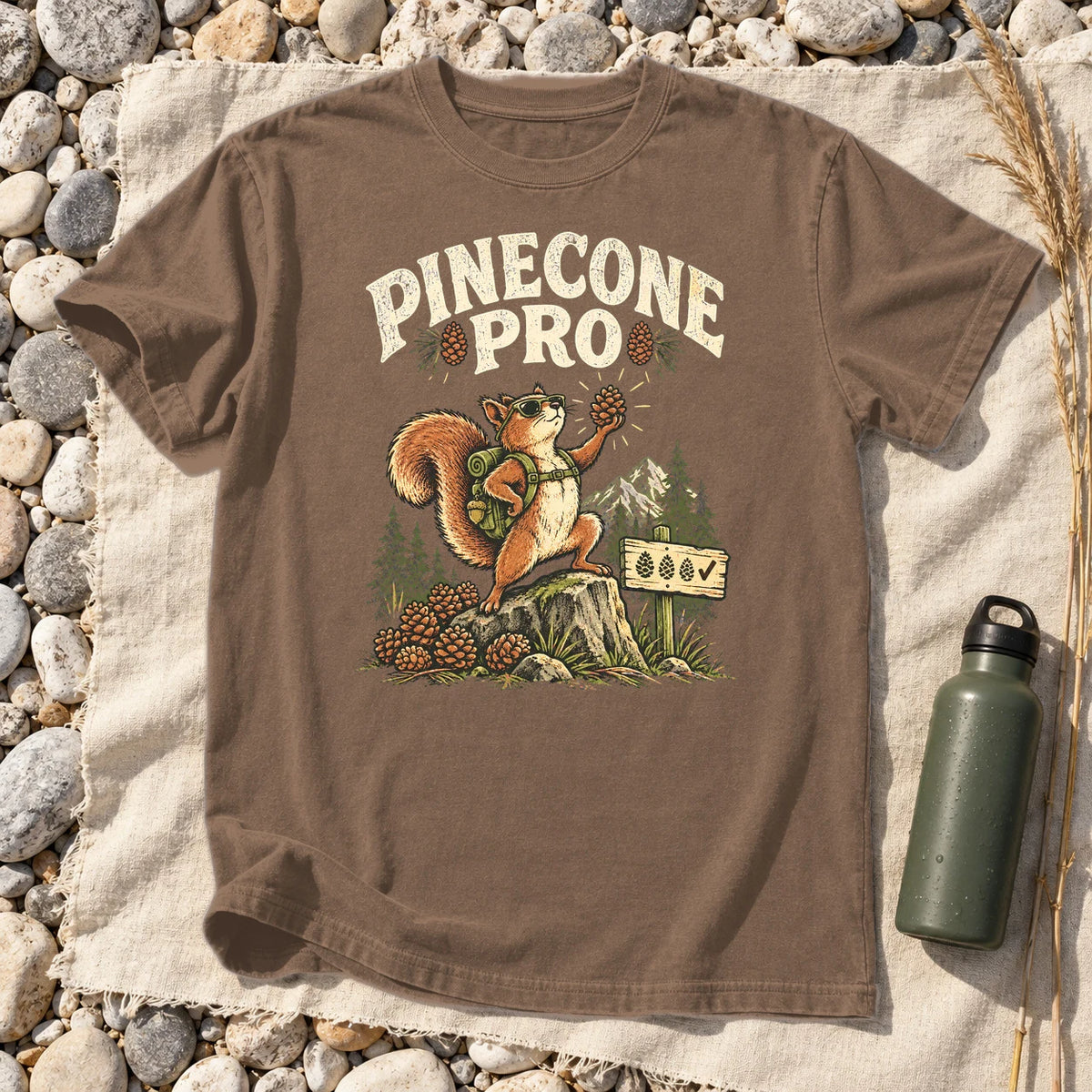 Pinecone Pro Vintage Hiker Squirrel Graphic Tee on Espresso Premium Tee