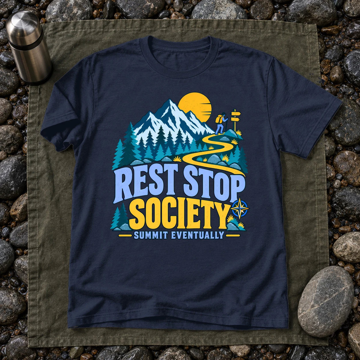 Rest Stop Society Graphic Tee on Navy Everyday Soft Tee