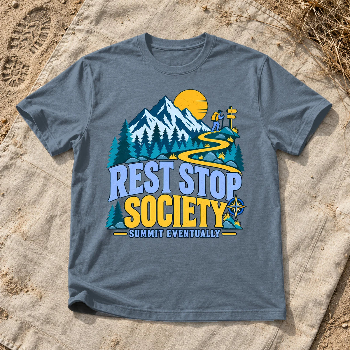 Rest Stop Society Graphic Tee on Heather Indigo Everyday Soft Tee