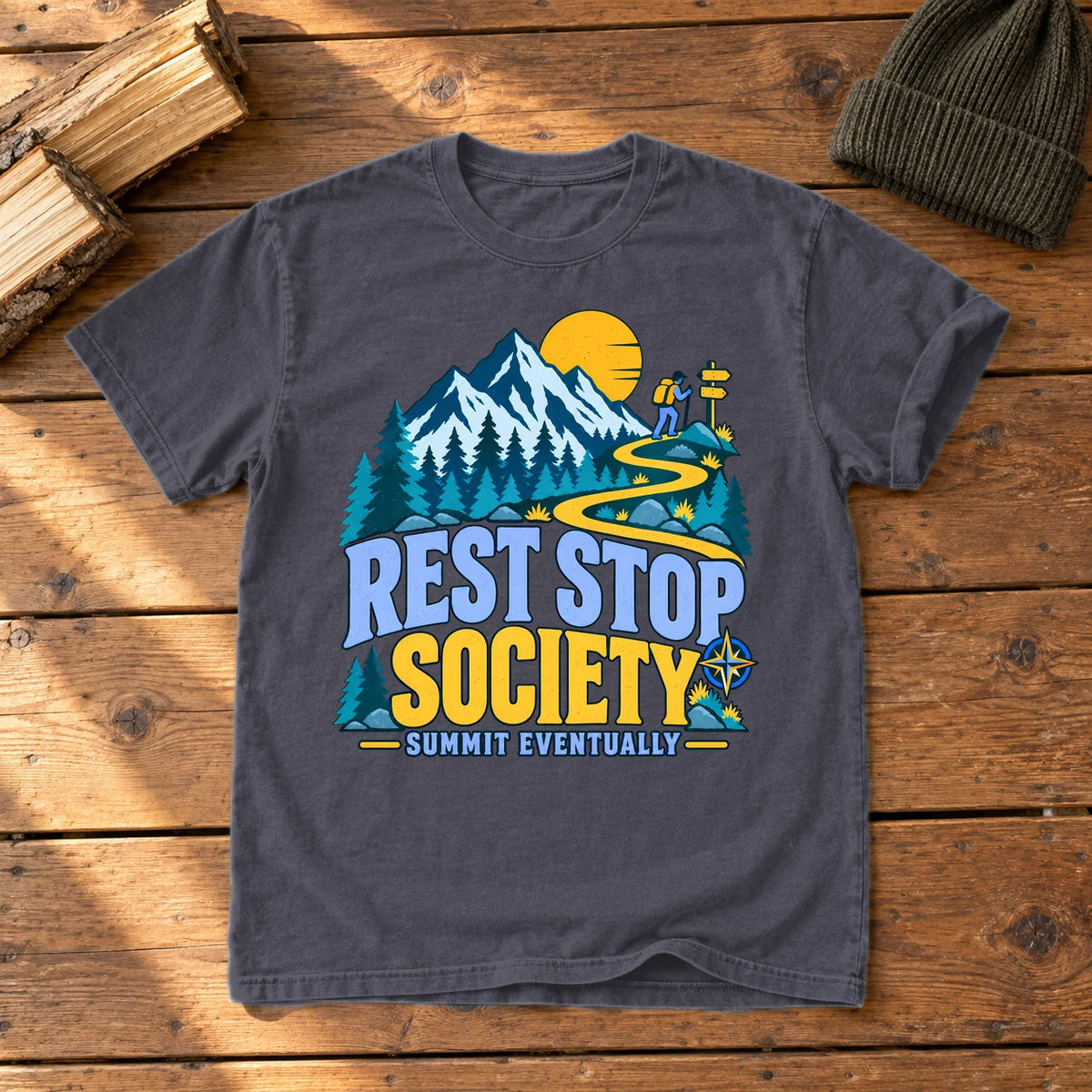 Rest Stop Society Graphic Tee on Navy Premium Tee