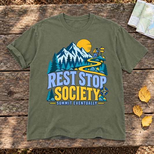 Rest Stop Society Graphic Tee on Moss Premium Tee