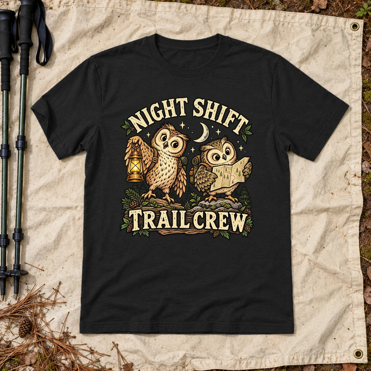 Night Shift Trail Crew Graphic Tee on Black Everyday Soft Tee