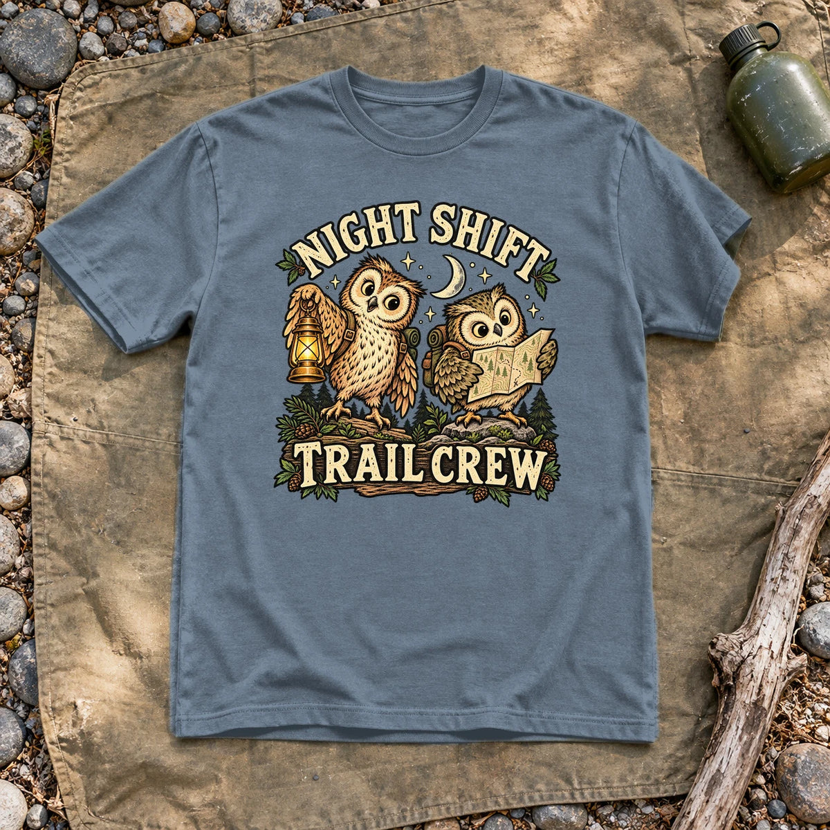 Night Shift Trail Crew Graphic Tee on Heather Indigo Everyday Soft Tee