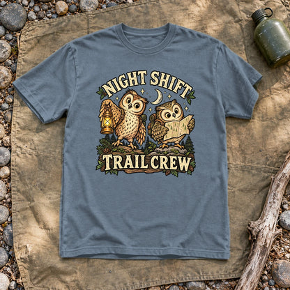 Night Shift Trail Crew Graphic Tee on Heather Indigo Everyday Soft Tee