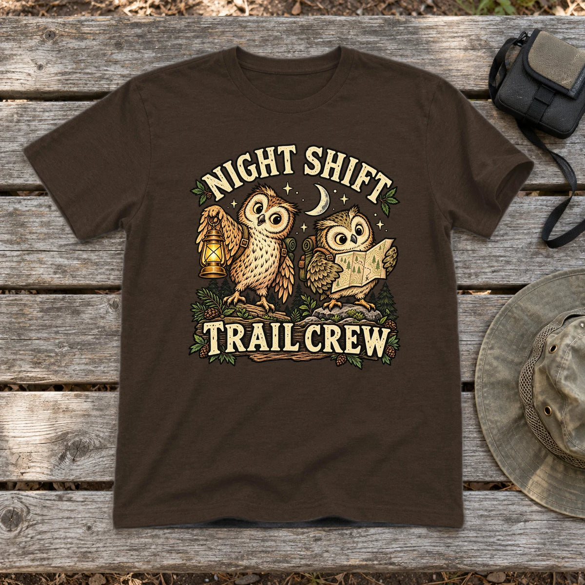 Night Shift Trail Crew Graphic Tee on Dark Chocolate Everyday Soft Tee