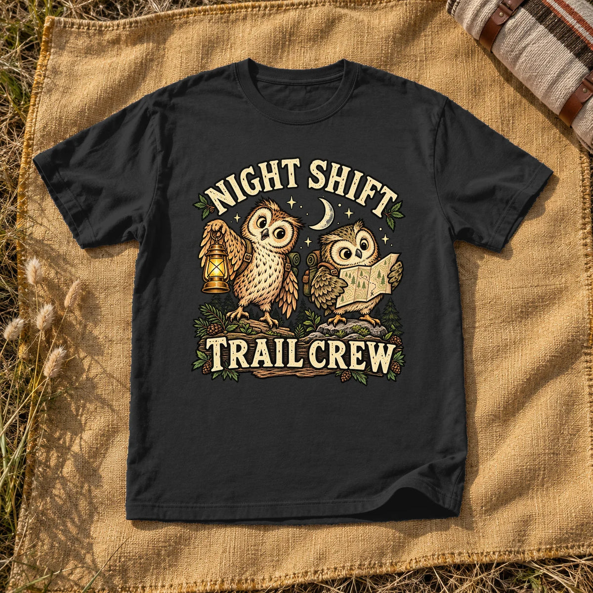 Night Shift Trail Crew Graphic Tee on Black Premium Tee