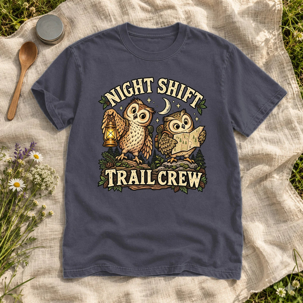 Night Shift Trail Crew Graphic Tee on Navy Premium Tee