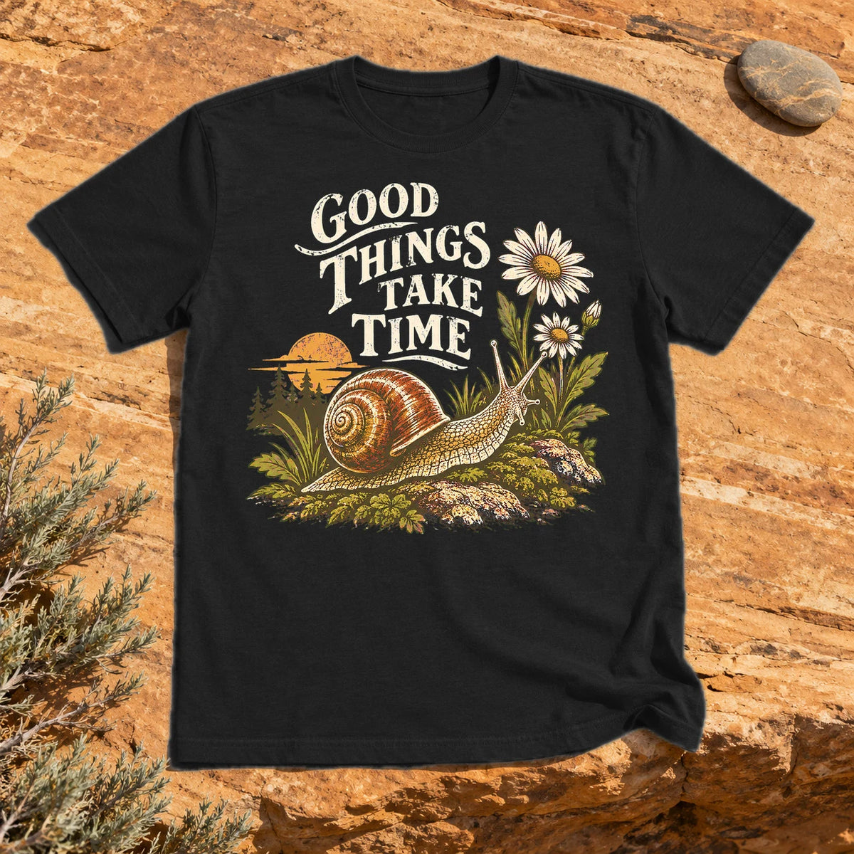 Good Things Take Time Snail Graphic Tee on Black Everyday Soft Tee
