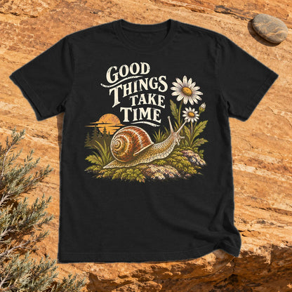 Good Things Take Time Snail Graphic Tee on Black Everyday Soft Tee