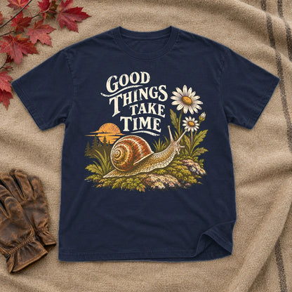 Good Things Take Time Snail Graphic Tee on Navy Everyday Soft Tee