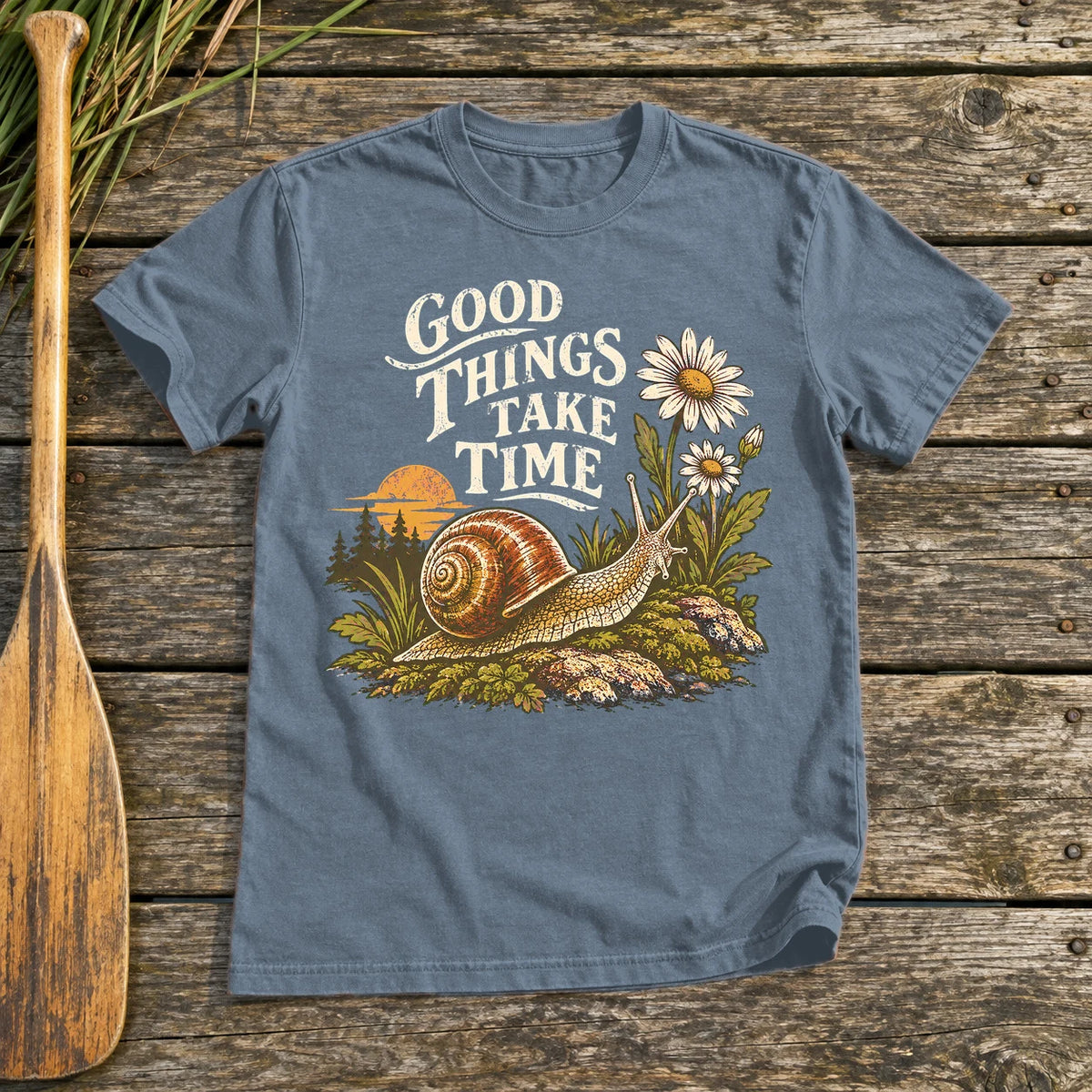 Good Things Take Time Snail Graphic Tee on Heather Indigo Everyday Soft Tee