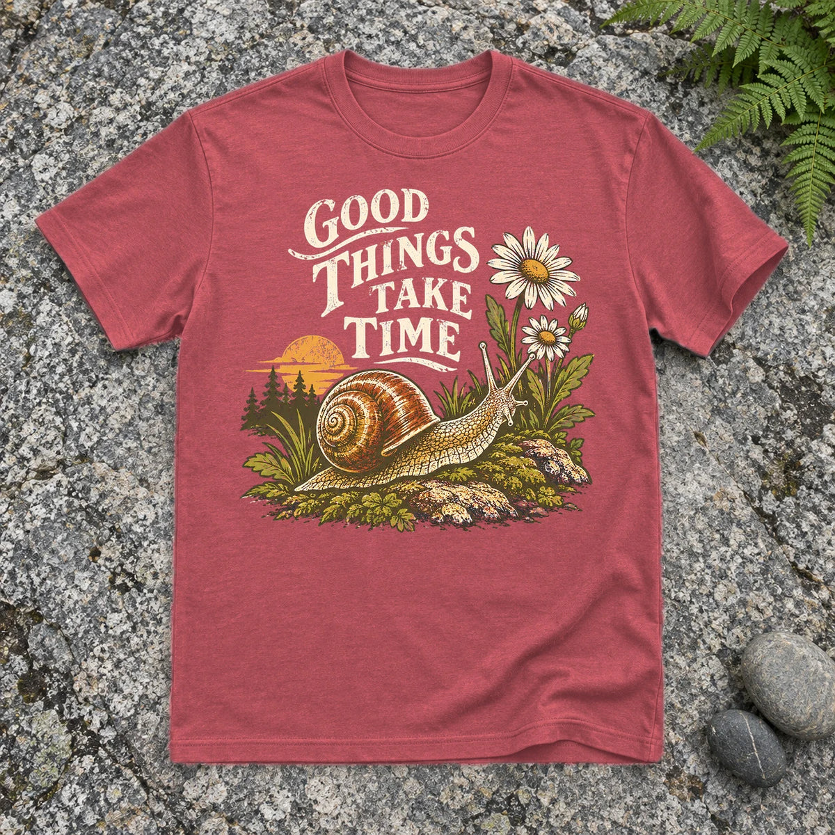 Good Things Take Time Snail Graphic Tee on Heather Red Everyday Soft Tee