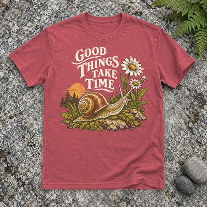 Good Things Take Time Snail Graphic Tee on Heather Red Everyday Soft Tee