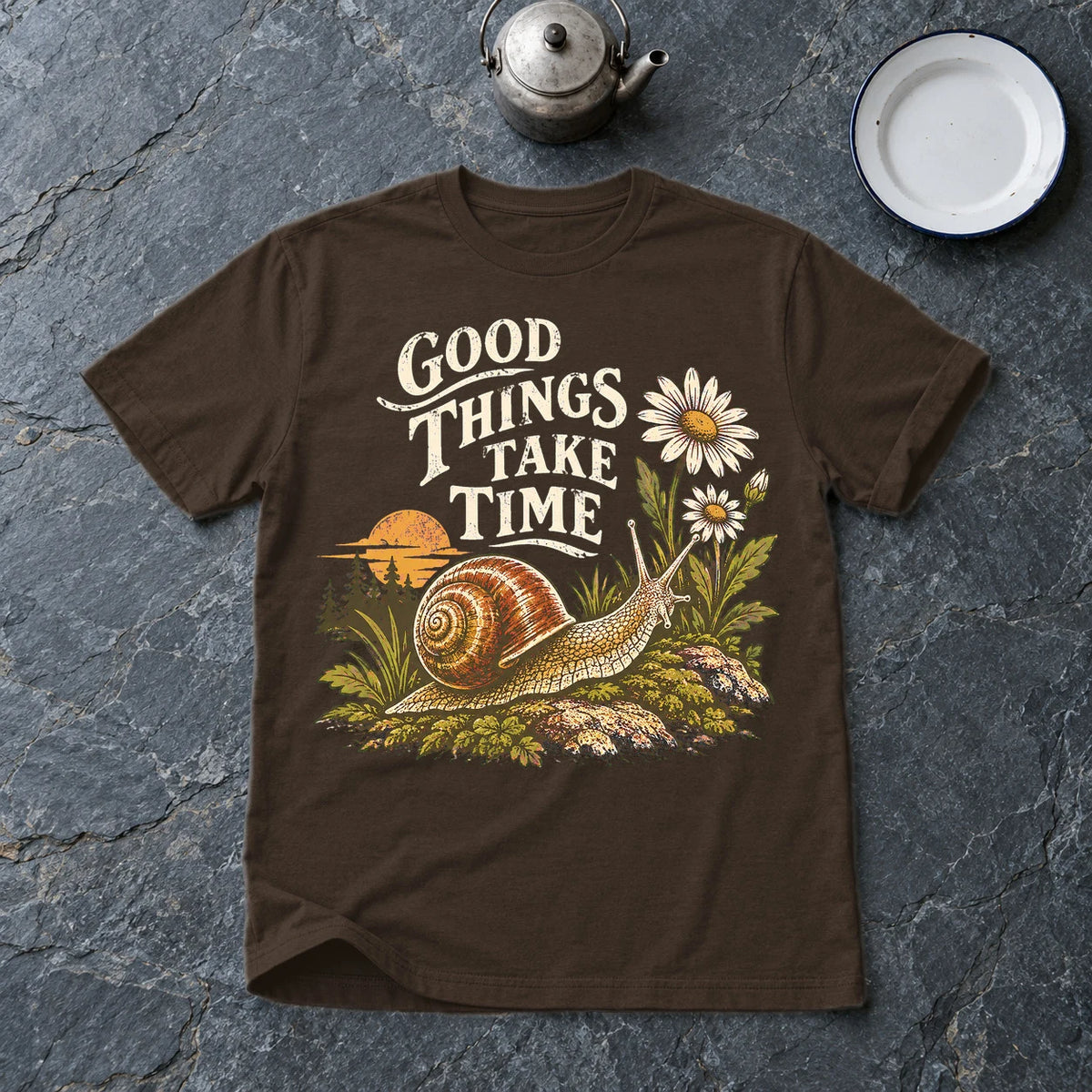 Good Things Take Time Snail Graphic Tee on Dark Chocolate Everyday Soft Tee