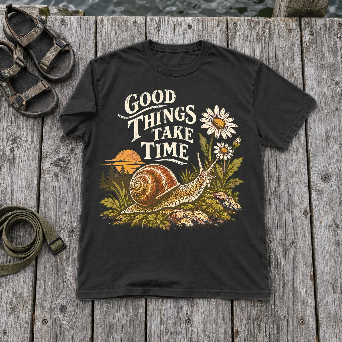 Good Things Take Time Snail Graphic Tee on Black Premium Tee