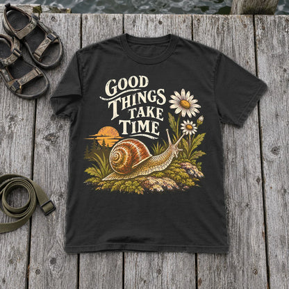 Good Things Take Time Snail Graphic Tee on Black Premium Tee