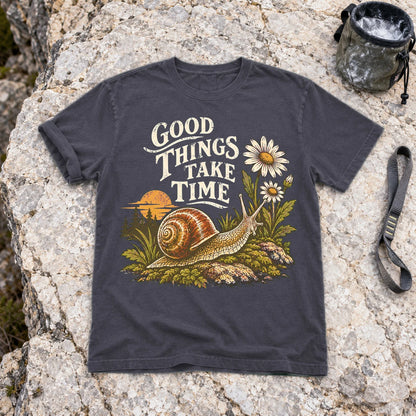 Good Things Take Time Snail Graphic Tee on Navy Premium Tee